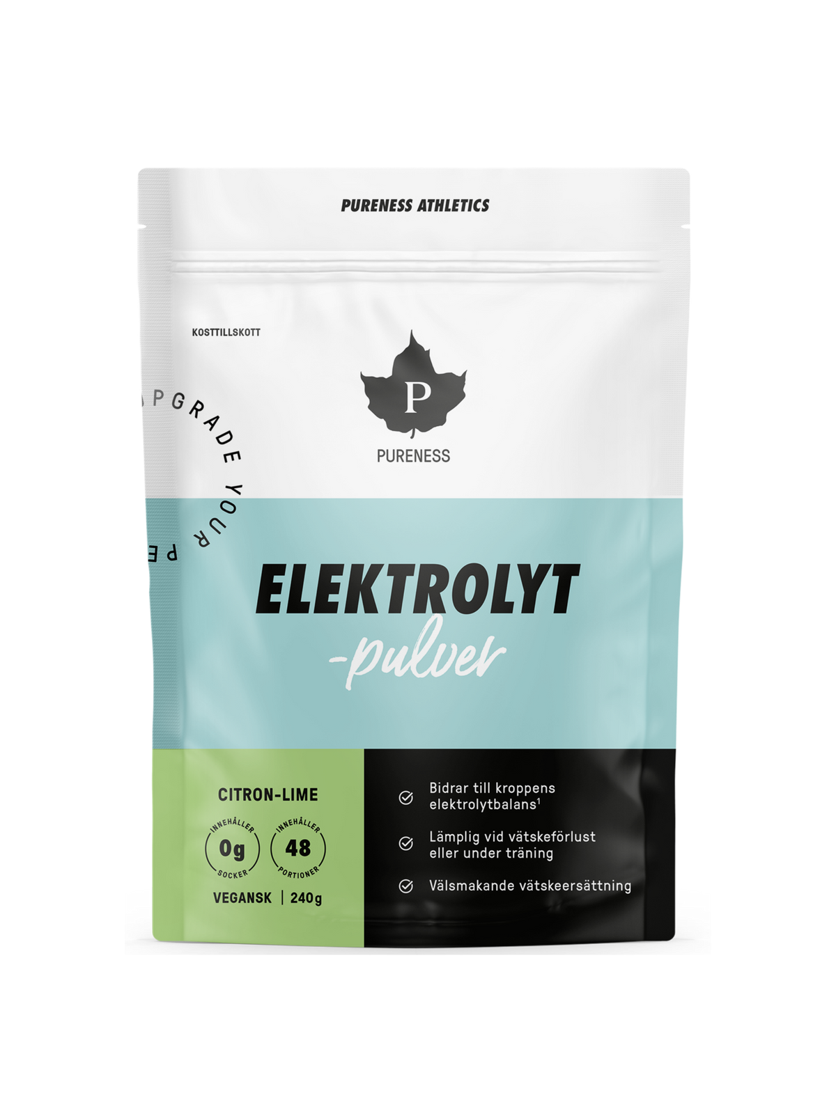 en påse pureness elektrolytpulver citron-lime 240g utan bakgrund
