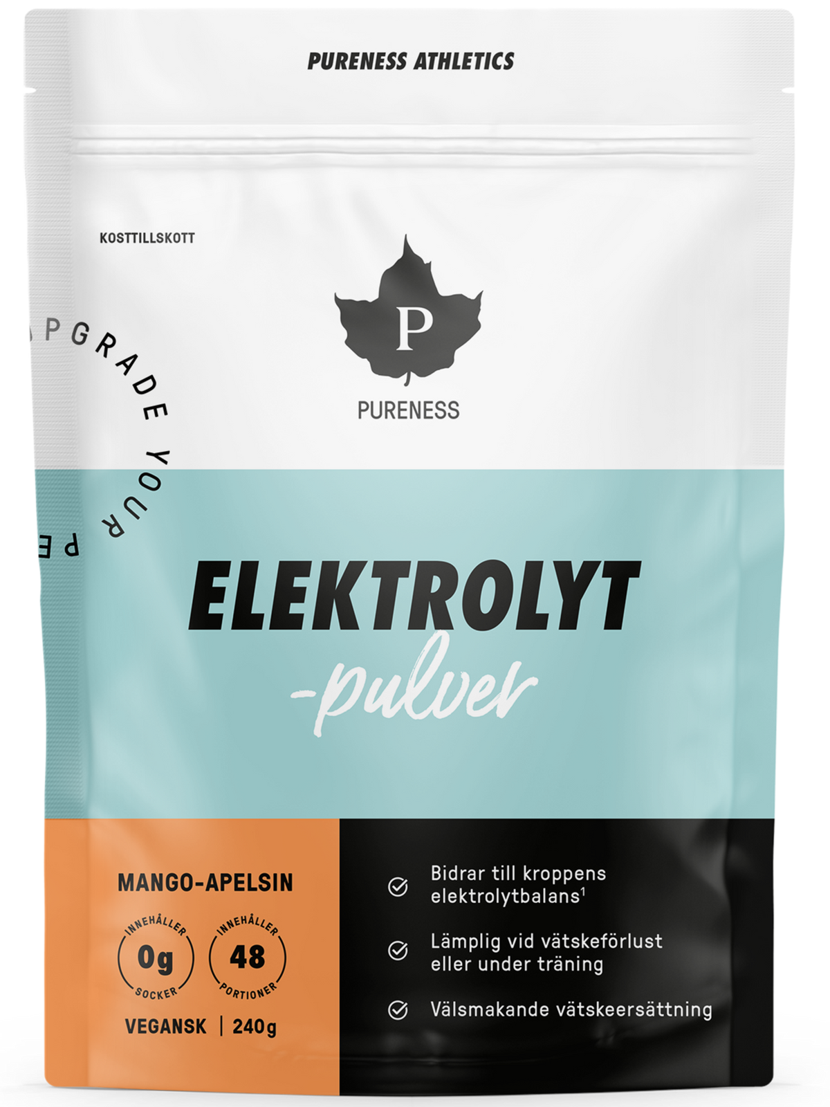 en påse pureness elektrolytpulver mango-apelsin 240g utan bakgrund