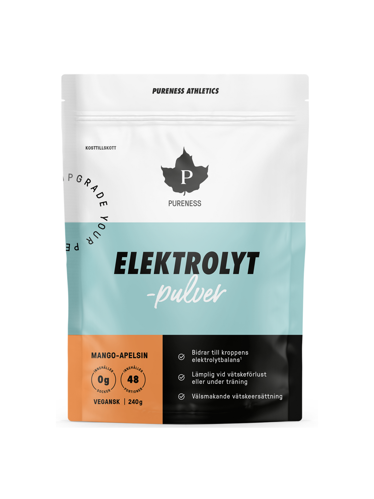 en påse pureness elektrolytpulver mango-apelsin 240g utan bakgrund