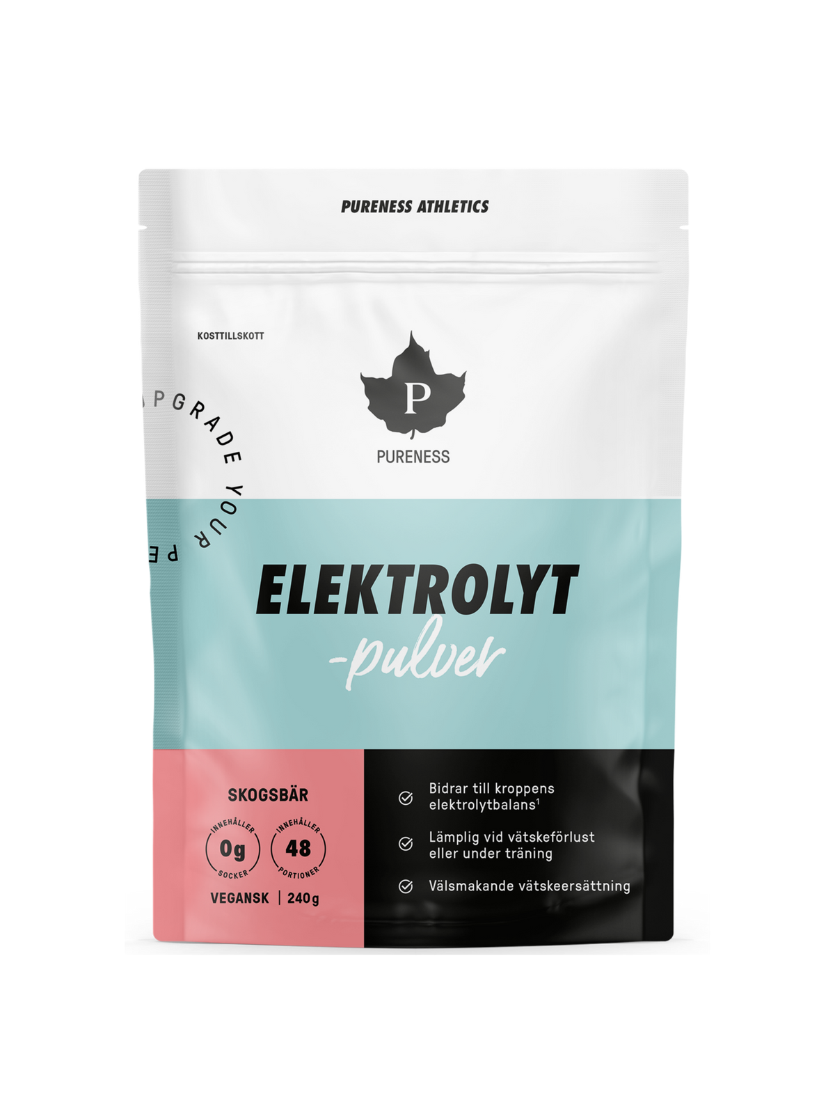 en påse pureness elektrolytpulver skogsbär 240g utan bakgrund