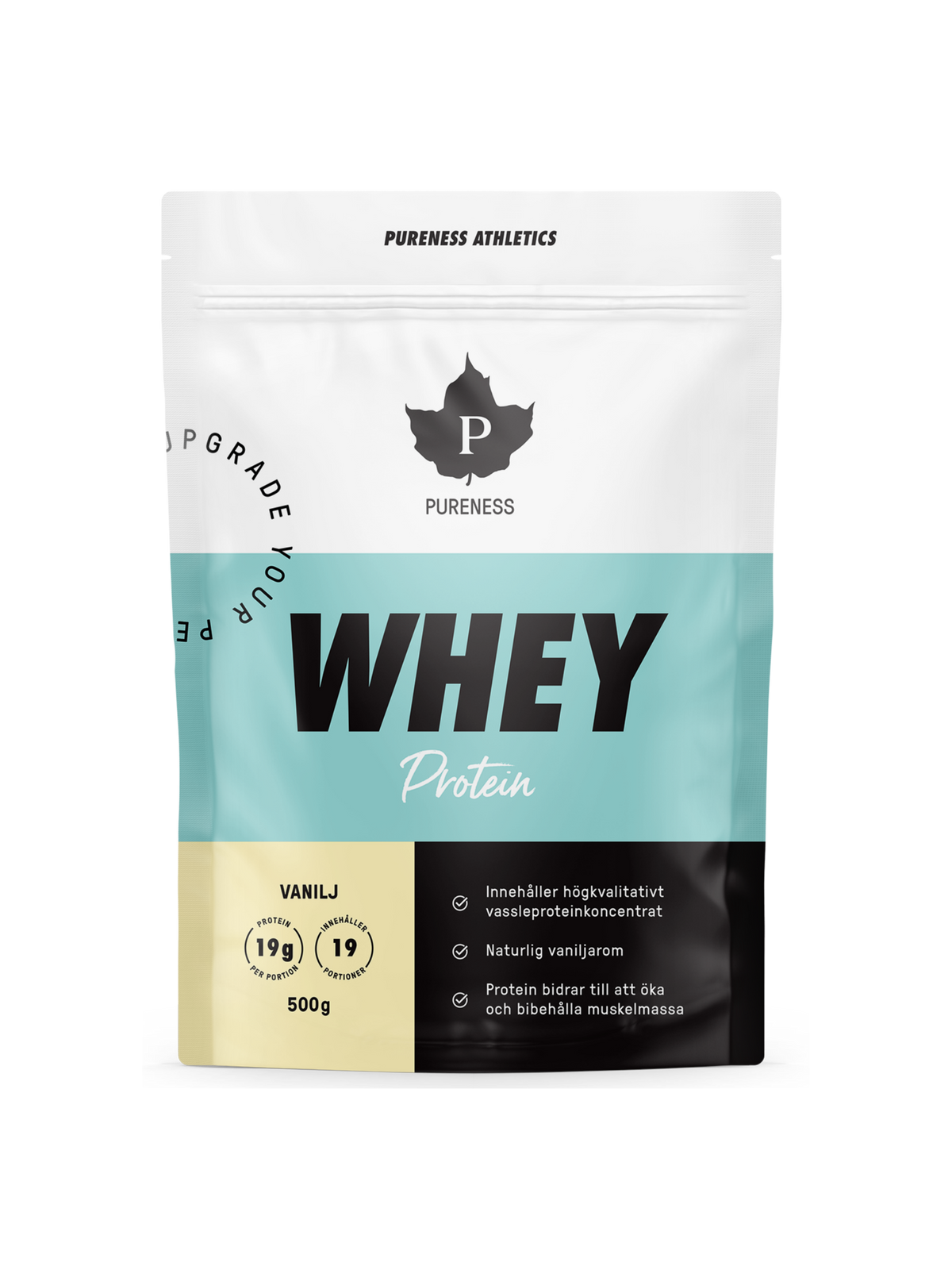 en påse pureness whey protein vanilj pulver 500g utan bakgrund