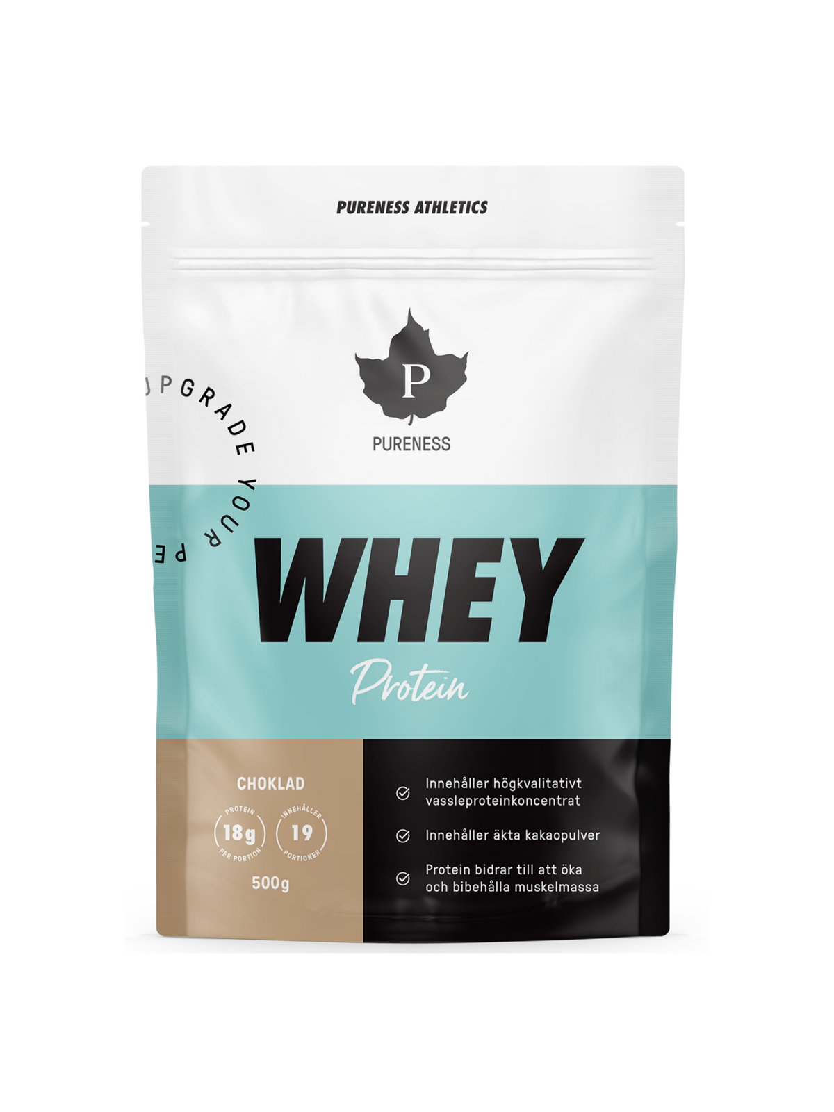 en påse pureness whey protein choklad pulver utan bakgrund