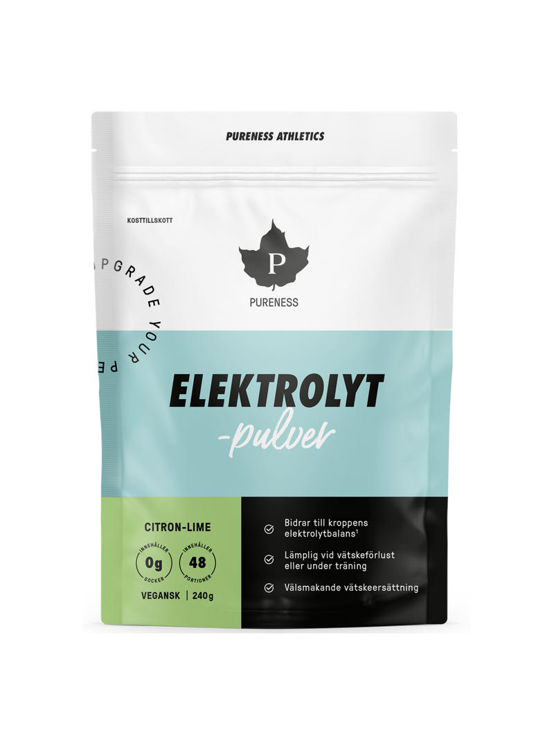 en påse pureness elektrolytpulver citron-lime 240g utan bakgrund