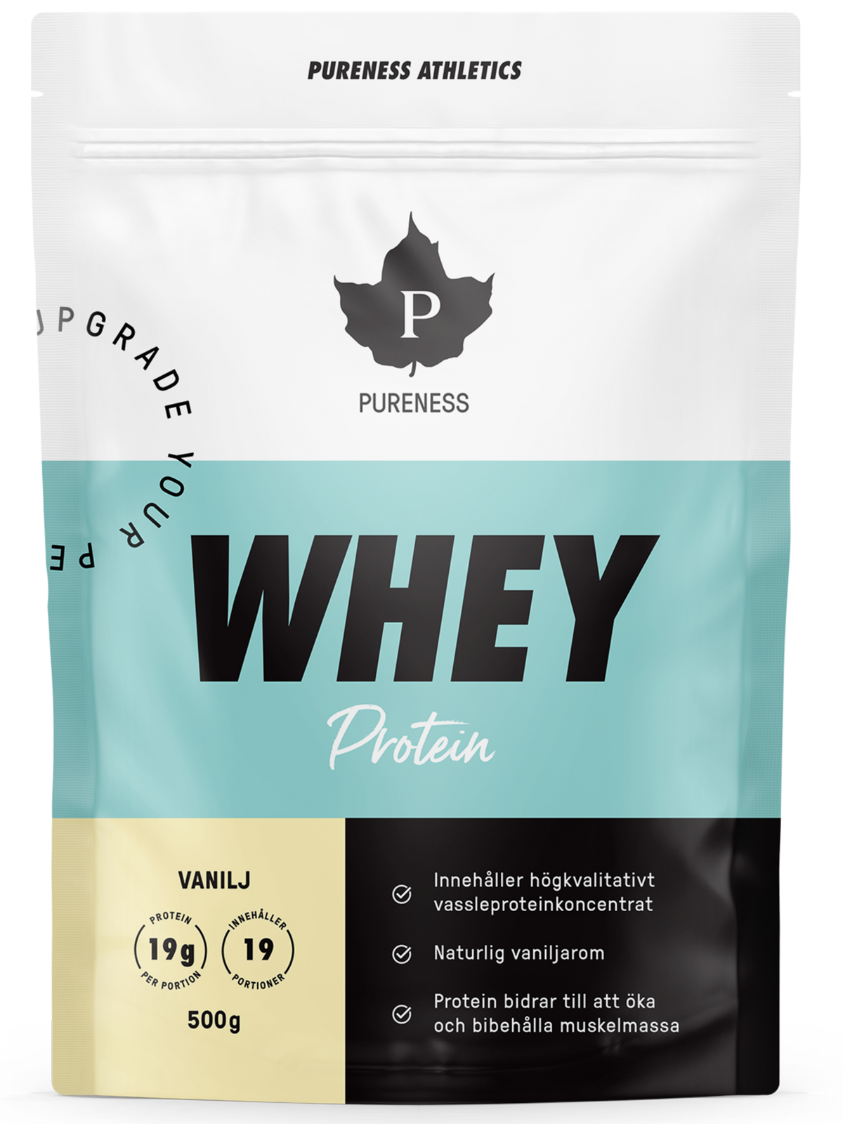 en påse pureness whey protein vanilj pulver 500g utan bakgrund