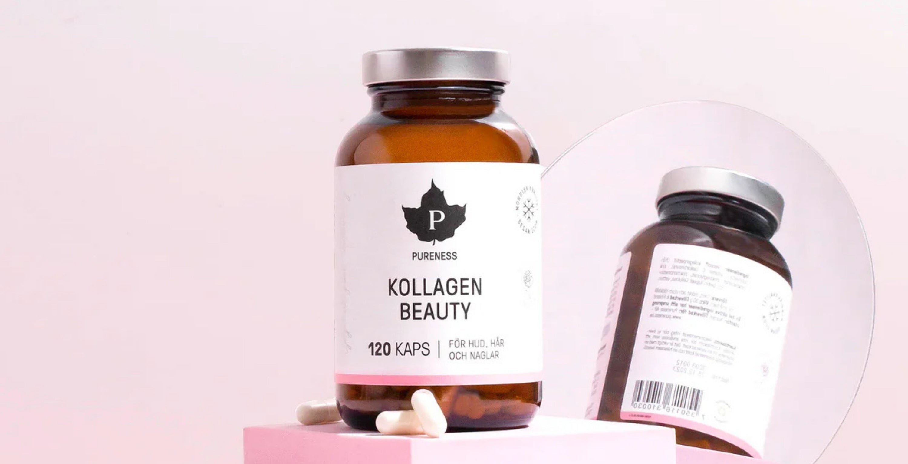 Pureness Kollagenkapslar framför spegeln